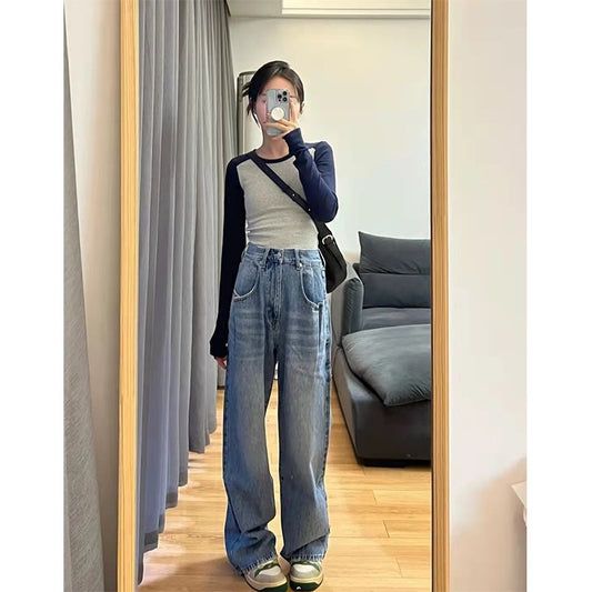 American-style Vintage Long-sleeve Knit Contrast-color Crewneck Slim-fit Patchwork Top