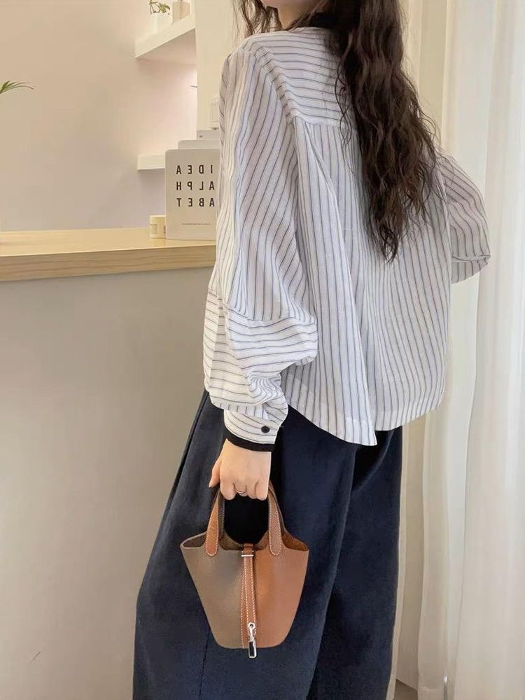 Lanternsleeve Verticalstriped Casual Blouse Women's Stylish Top