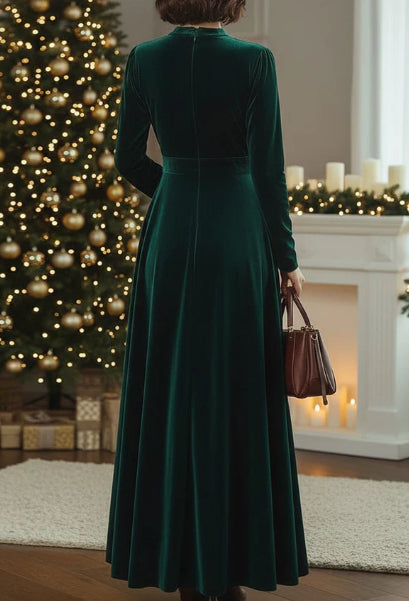 Stand Collar Loose Party Pocket Solid Velvet Long Sleeve Maxi Dress