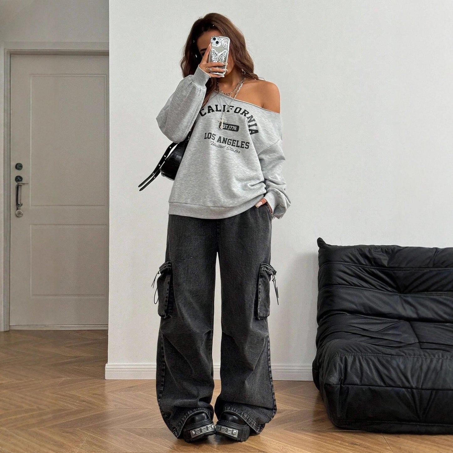 Women's Asymmetrical T-shirt With Slanted Shoulder Printed Letters And Pattern