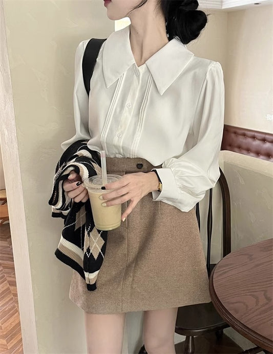 French-style Vintage White Polo-collar Long-sleeve Shirt