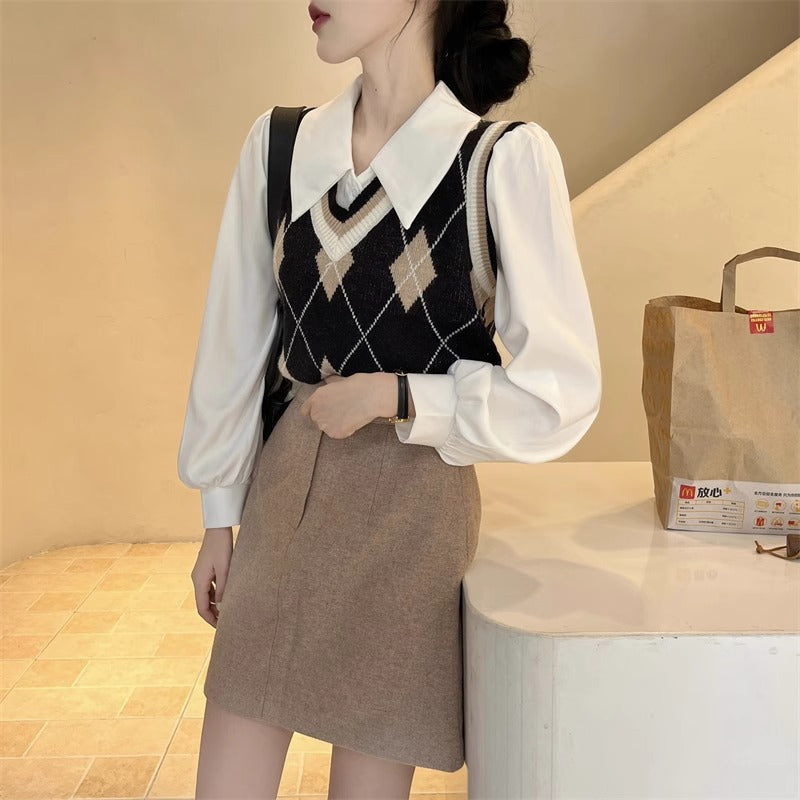 French-style Vintage White Polo-collar Long-sleeve Shirt