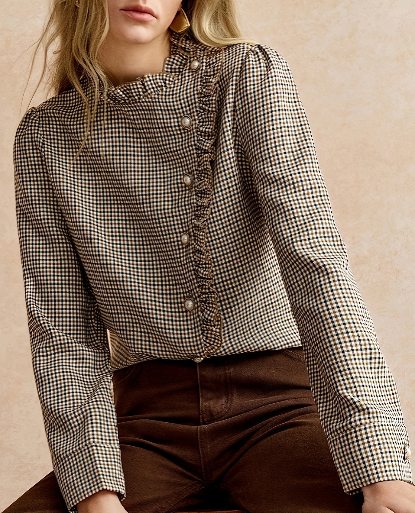 Houndstooth Ruffled Small Stand-up Collar Side-button-front Shirt