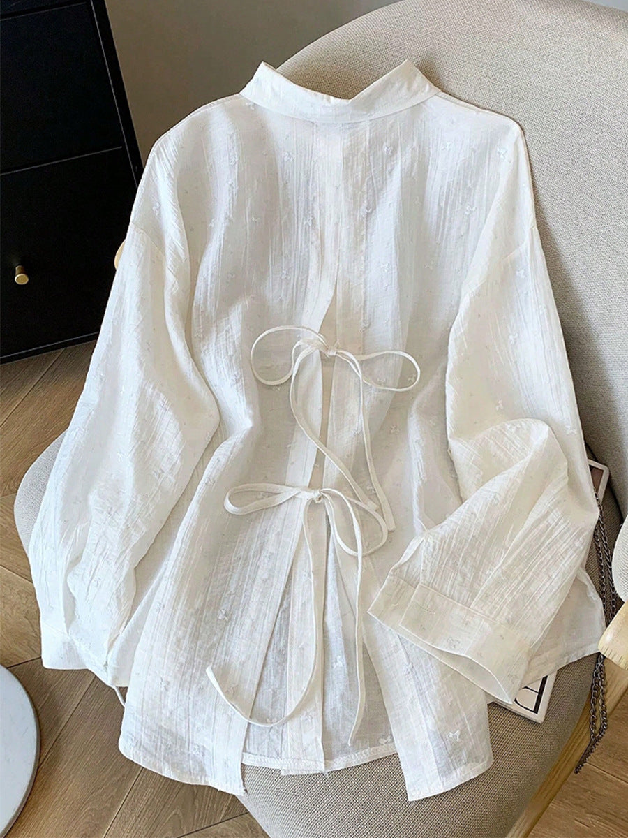 Elegant Solid-Color Crepe Loose-Fit Shirt Cardigan Women's Top