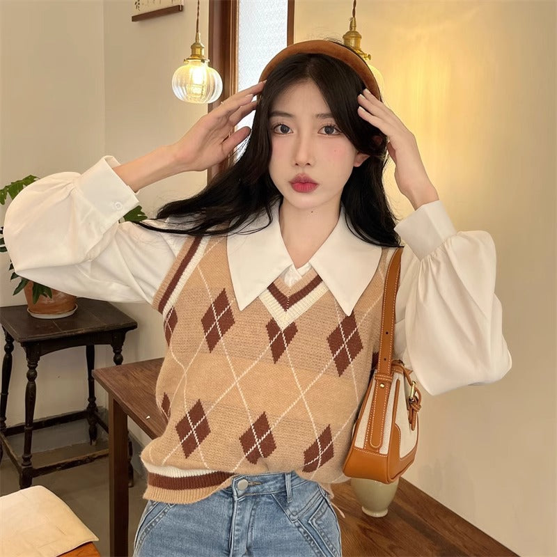 French-style Vintage White Polo-collar Long-sleeve Shirt