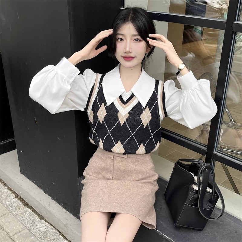 French-style Vintage White Polo-collar Long-sleeve Shirt