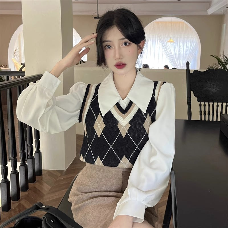 French-style Vintage White Polo-collar Long-sleeve Shirt