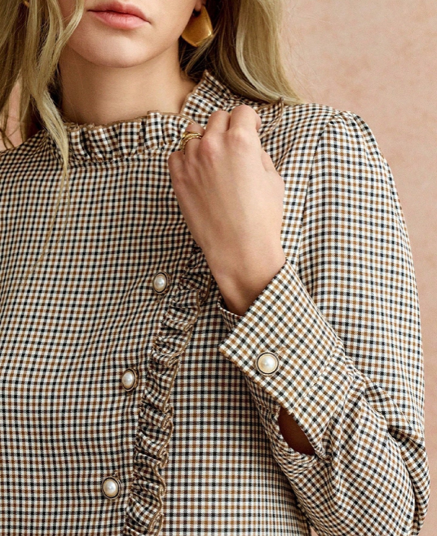 Houndstooth Ruffled Small Stand-up Collar Side-button-front Shirt