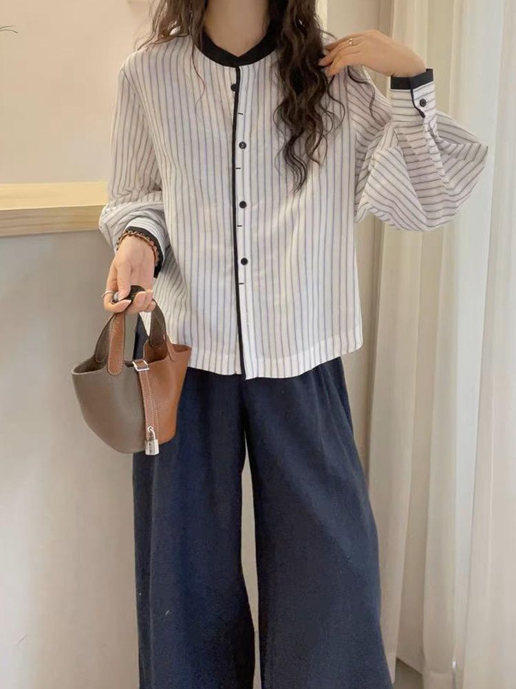 Lanternsleeve Verticalstriped Casual Blouse Women's Stylish Top