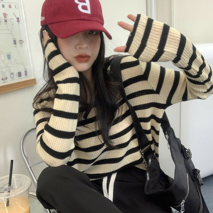 Womens V-neck Striped Knit Top With Long Sleeves