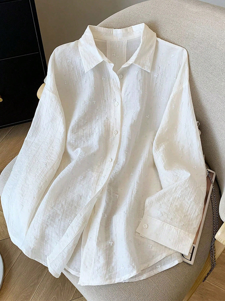 Elegant Solid-Color Crepe Loose-Fit Shirt Cardigan Women's Top