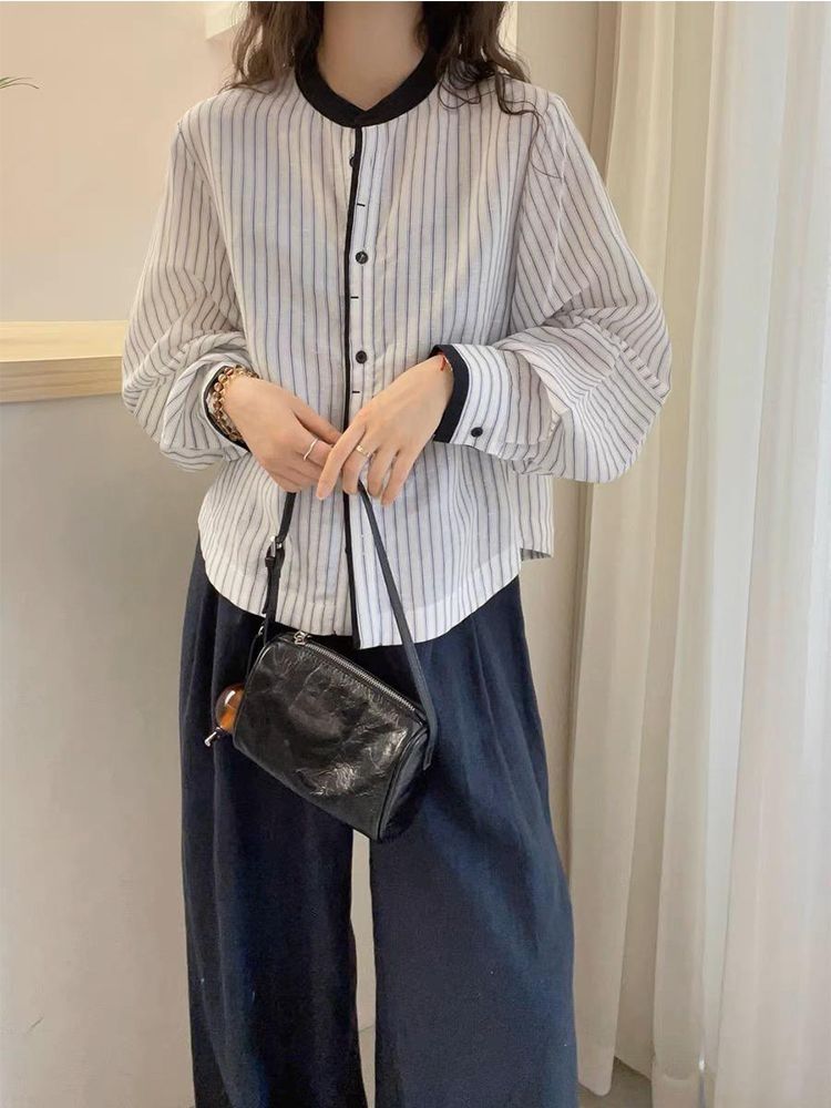 Lanternsleeve Verticalstriped Casual Blouse Women's Stylish Top