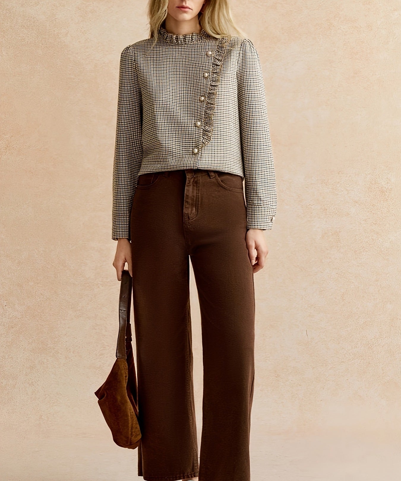 Houndstooth Ruffled Small Stand-up Collar Side-button-front Shirt