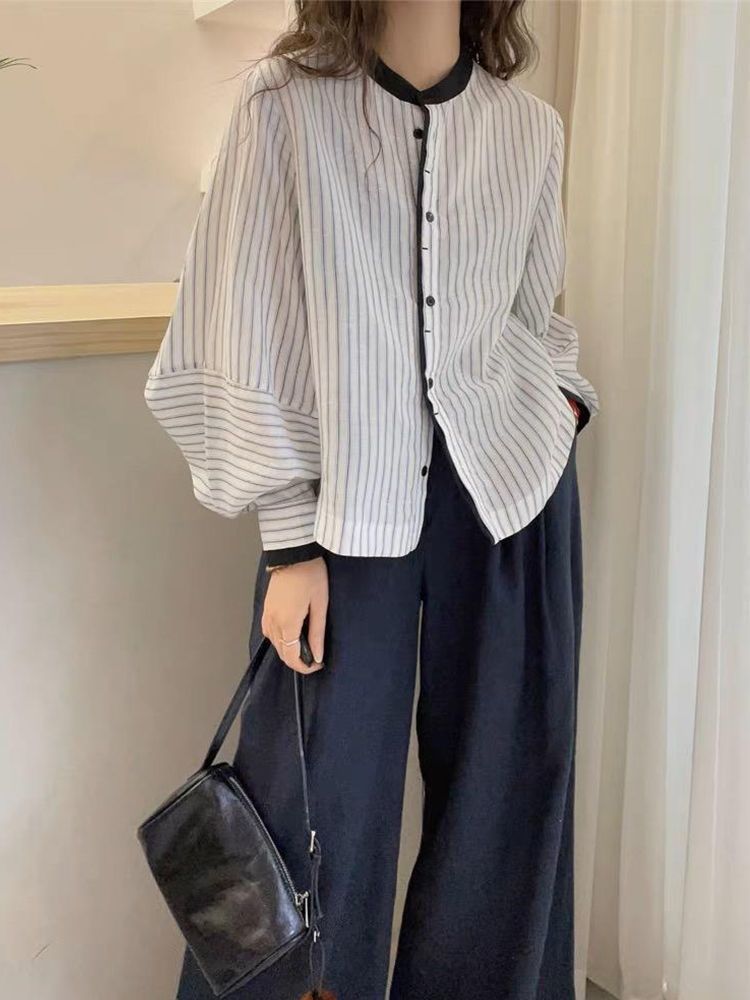 Lanternsleeve Verticalstriped Casual Blouse Women's Stylish Top