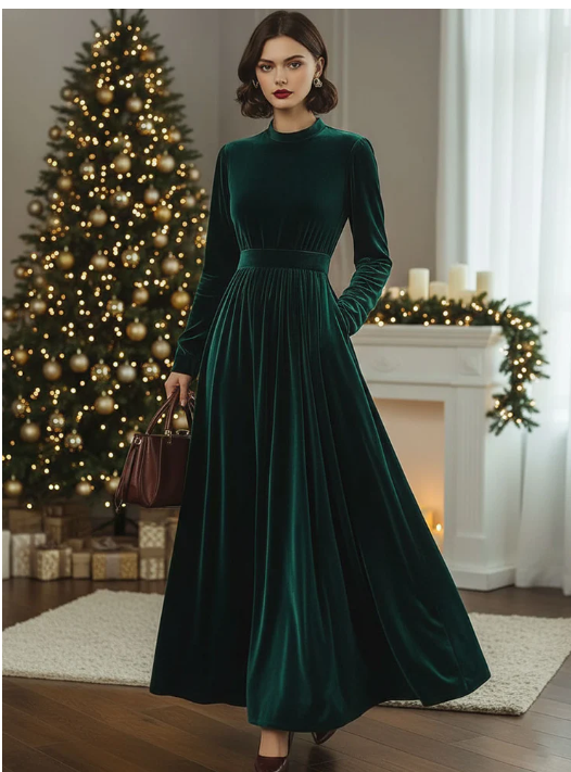 Stand Collar Loose Party Pocket Solid Velvet Long Sleeve Maxi Dress