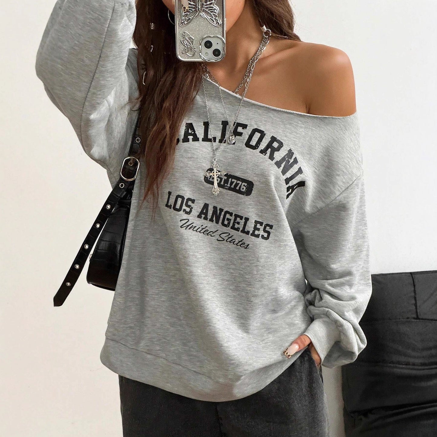 Women's Asymmetrical T-shirt With Slanted Shoulder Printed Letters And Pattern