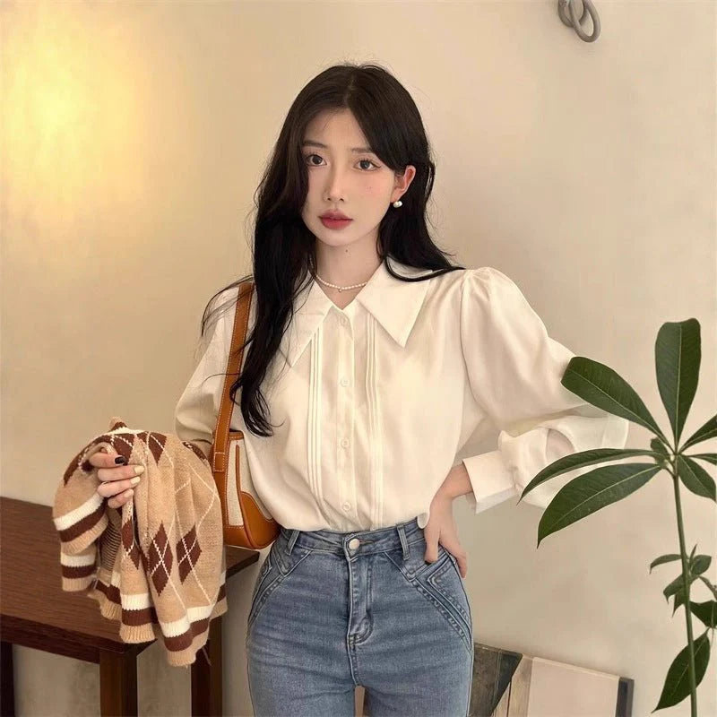 French-style Vintage White Polo-collar Long-sleeve Shirt